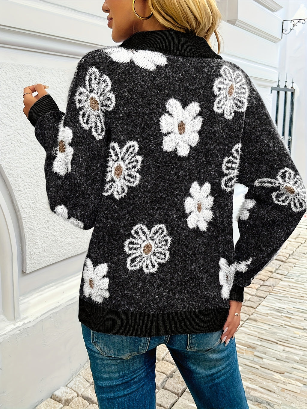 Evie Floral Half Zip Knitted Jumper - view 8