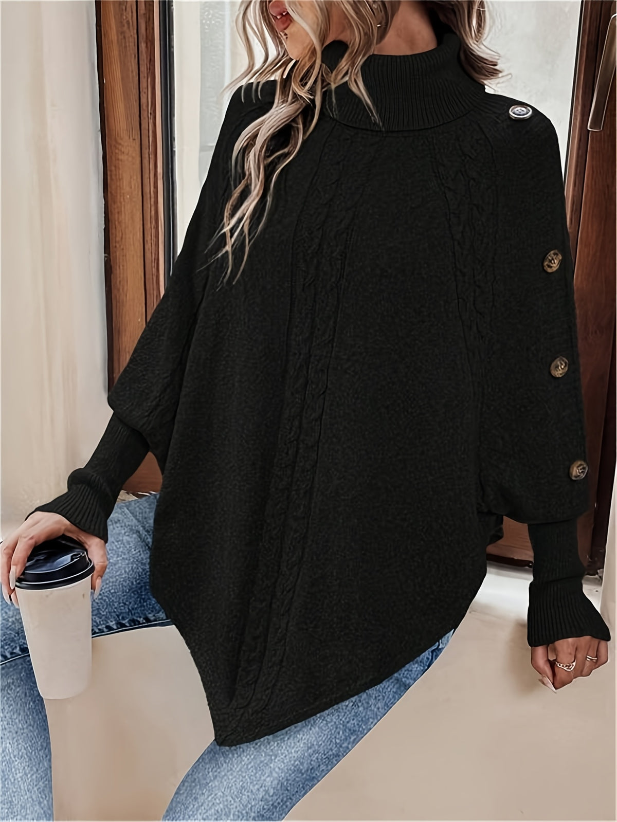 Orla Cable Knit Roll Neck Cape - view 5