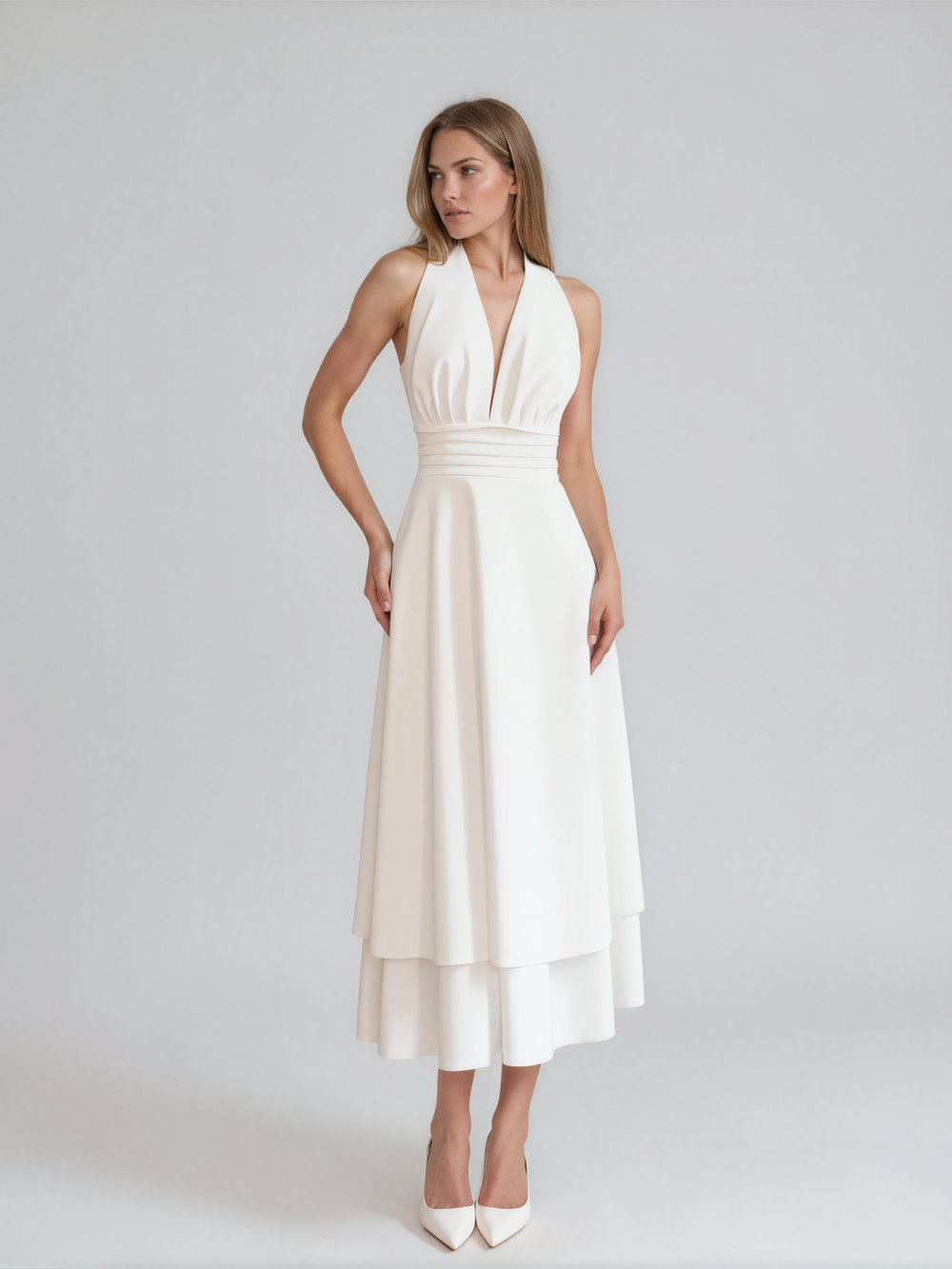 Aurelia | Halter Neck Tie Deep V Tiered Midi Dress with Open Back