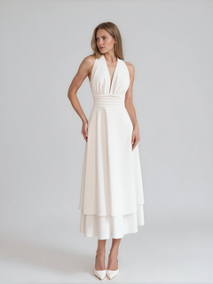 Aurelia | Halter Neck Tie Deep V Tiered Midi Dress with Open Back