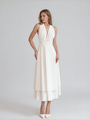 Aurelia | Halter Neck Tie Deep V Tiered Midi Dress with Open Back