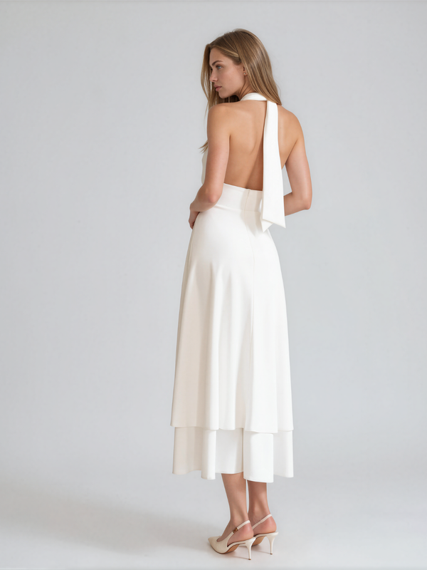 Aurelia | Halter Neck Tie Deep V Tiered Midi Dress with Open Back