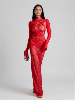 Octavia | High Neck Lace Maxi Dress with Split and Gloves