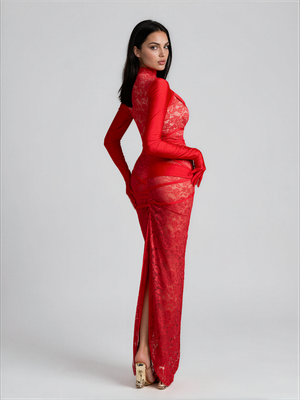 Octavia | High Neck Lace Maxi Dress with Split and Gloves