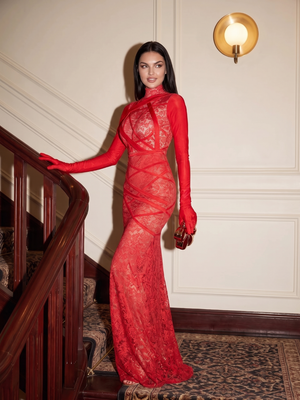 Octavia | High Neck Lace Maxi Dress with Split and Gloves