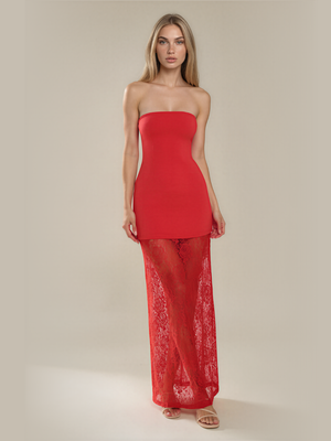 Elowen | Strapless Fitted Bodice Maxi Dress with Sheer Lace Skirt