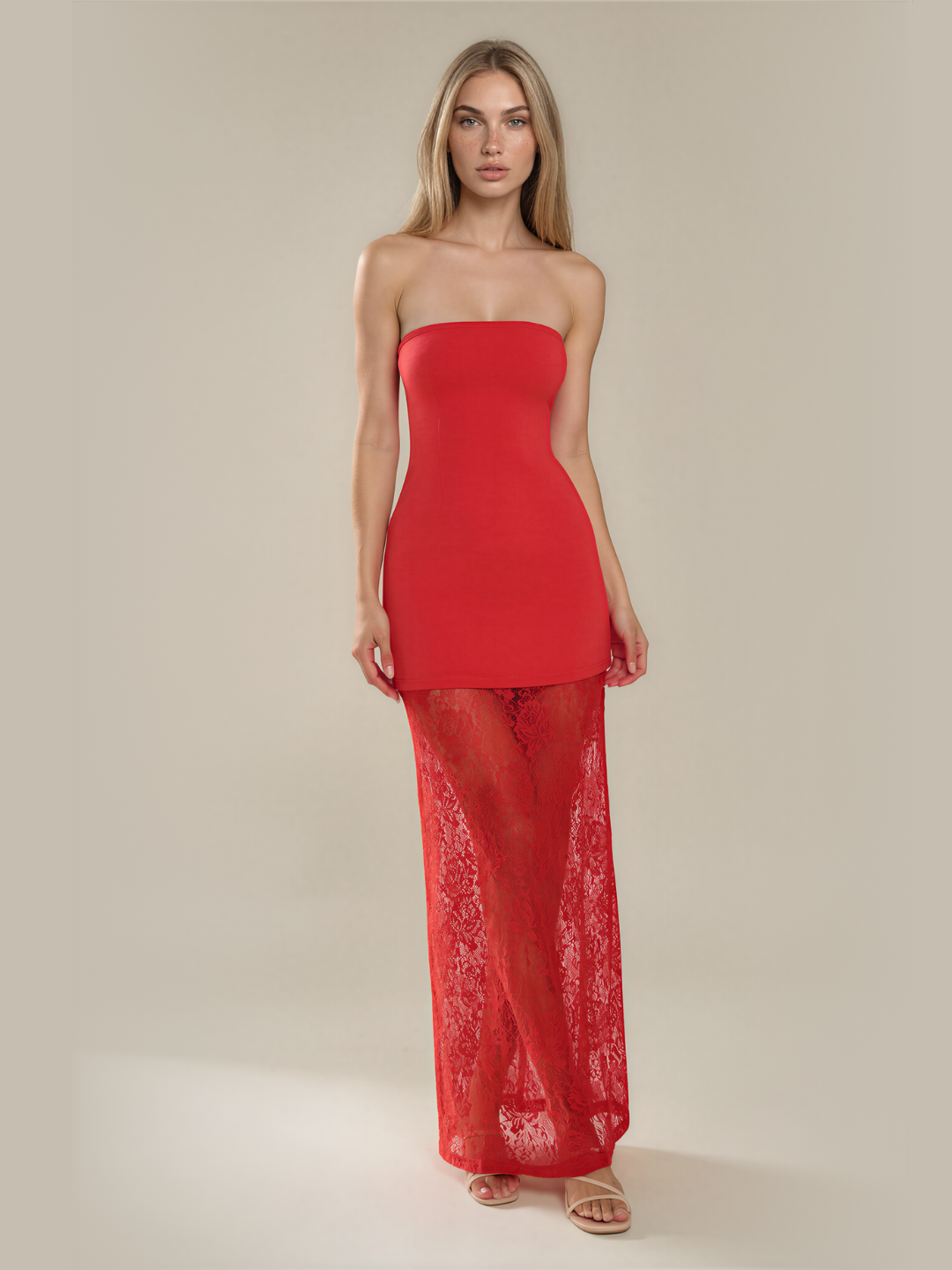 Elowen Strapless Fitted Bodice Maxi Dress with Sheer Lace Skirt - view 7