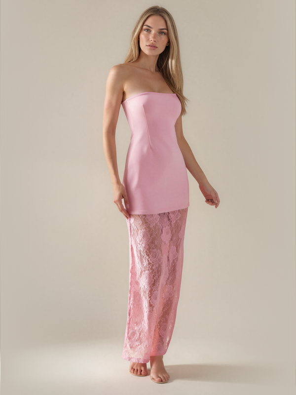 Elowen | Strapless Fitted Bodice Maxi Dress with Sheer Lace Skirt