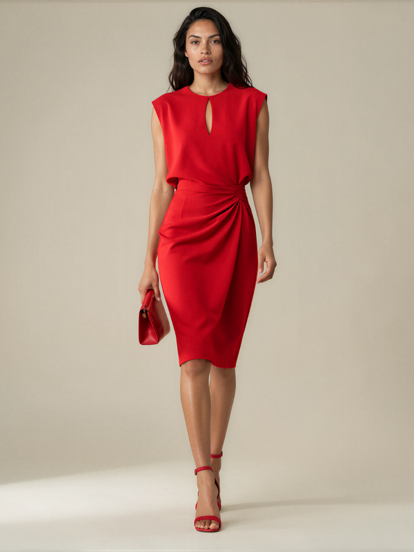 Adele | Keyhole Neck Sleeveless Ruched Pencil Midi Dress