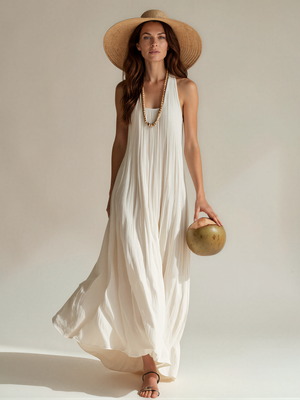 Aisha | Sleeveless U Neck Crinkle Flowy Maxi Dress