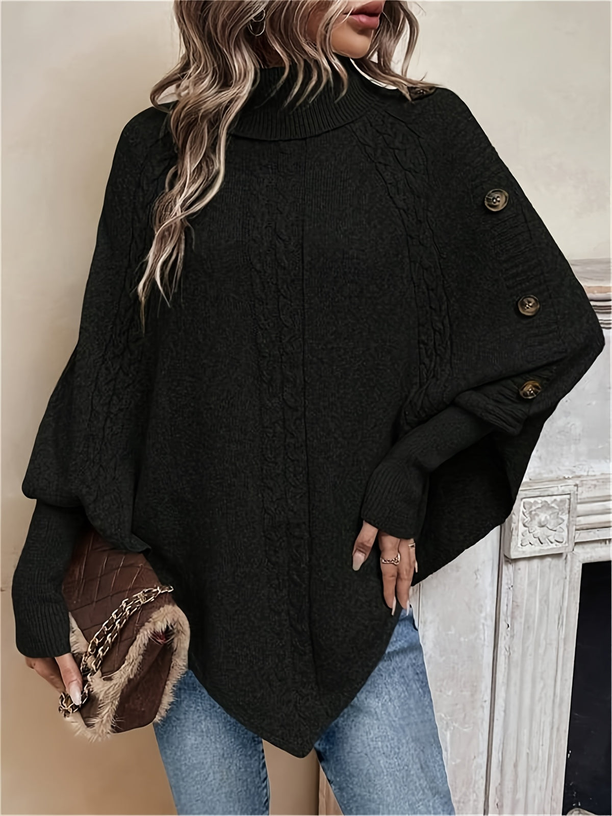 Orla Cable Knit Roll Neck Cape - view 2