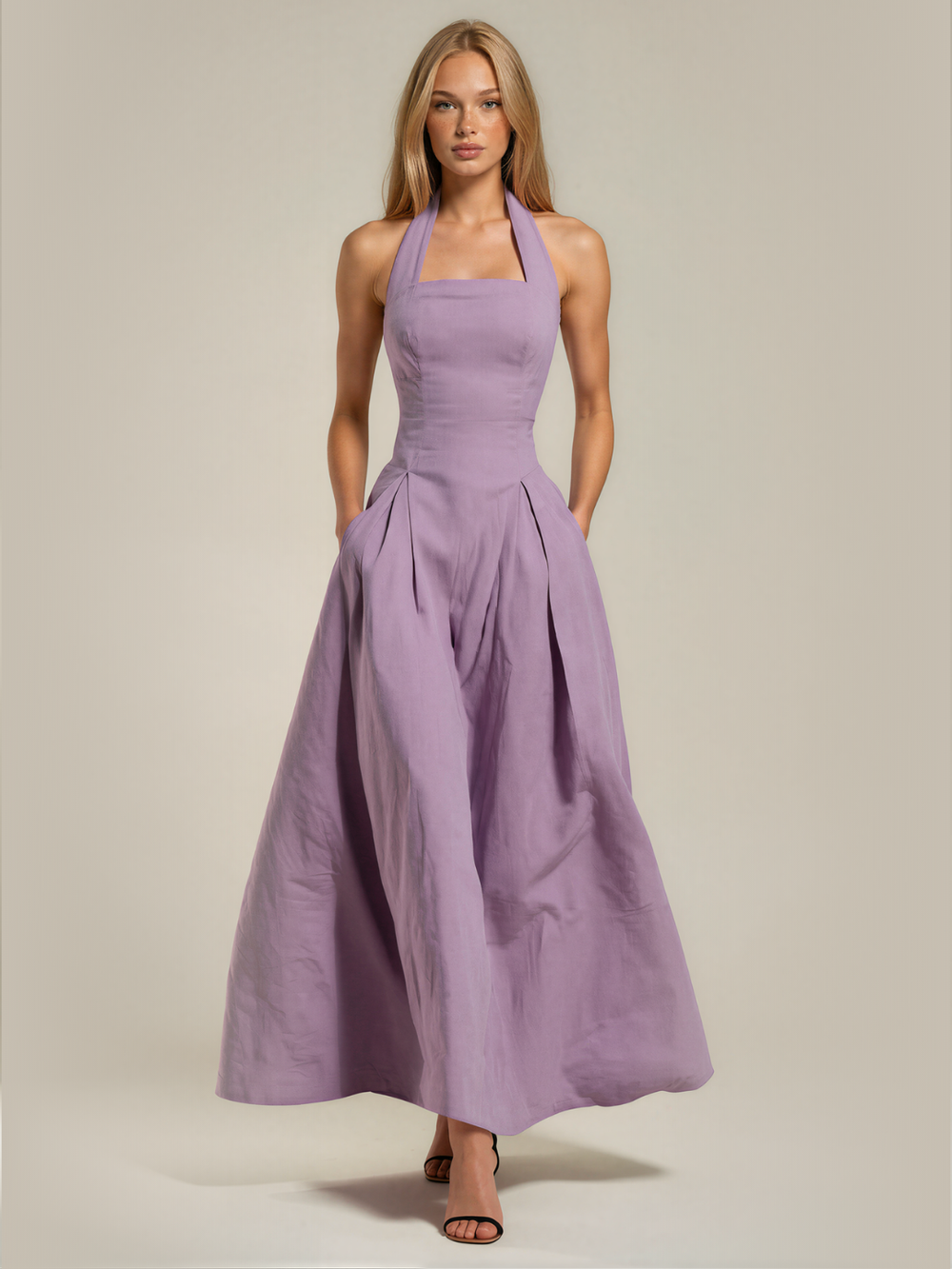 Caitlin | Halter Square Neck Pleated Maxi Dress with Pockets