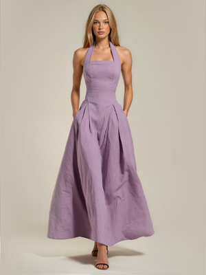 Caitlin | Halter Square Neck Pleated Maxi Dress with Pockets