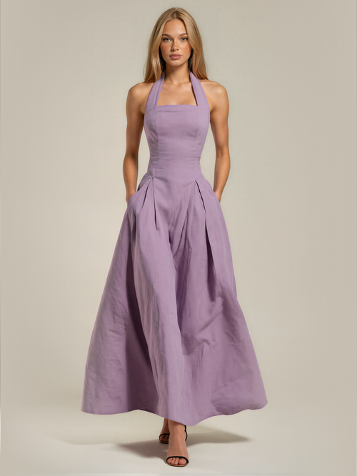 Caitlin | Halter Square Neck Pleated Maxi Dress with Pockets