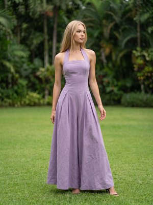 Caitlin | Halter Square Neck Pleated Maxi Dress with Pockets