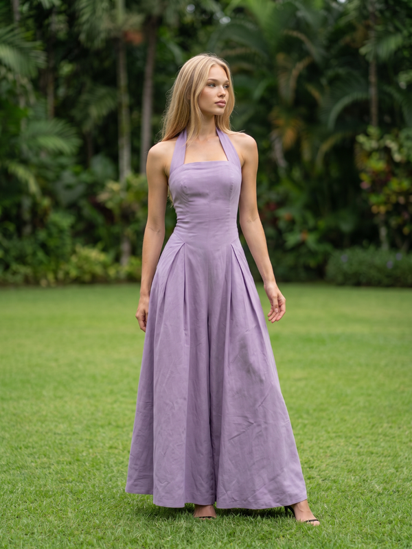 Caitlin | Halter Square Neck Pleated Maxi Dress with Pockets