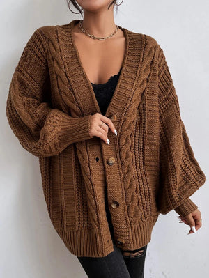 SHEIN Women's Beige Oversized Cable Knit Cardigan,Autumn Everyday Casual Button Front V Neck Bishop Sleeve Solid Plain Long Sleeve Tops oaklynwear
