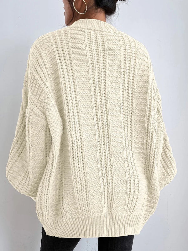 SHEIN Women's Beige Oversized Cable Knit Cardigan,Autumn Everyday Casual Button Front V Neck Bishop Sleeve Solid Plain Long Sleeve Tops oaklynwear