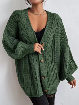 SHEIN Women's Beige Oversized Cable Knit Cardigan,Autumn Everyday Casual Button Front V Neck Bishop Sleeve Solid Plain Long Sleeve Tops oaklynwear