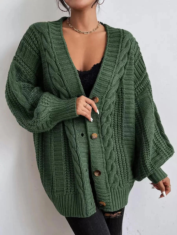 SHEIN Women's Beige Oversized Cable Knit Cardigan,Autumn Everyday Casual Button Front V Neck Bishop Sleeve Solid Plain Long Sleeve Tops oaklynwear