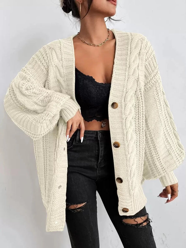 SHEIN Women's Beige Oversized Cable Knit Cardigan,Autumn Everyday Casual Button Front V Neck Bishop Sleeve Solid Plain Long Sleeve Tops oaklynwear