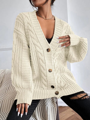 SHEIN Women's Beige Oversized Cable Knit Cardigan,Autumn Everyday Casual Button Front V Neck Bishop Sleeve Solid Plain Long Sleeve Tops oaklynwear
