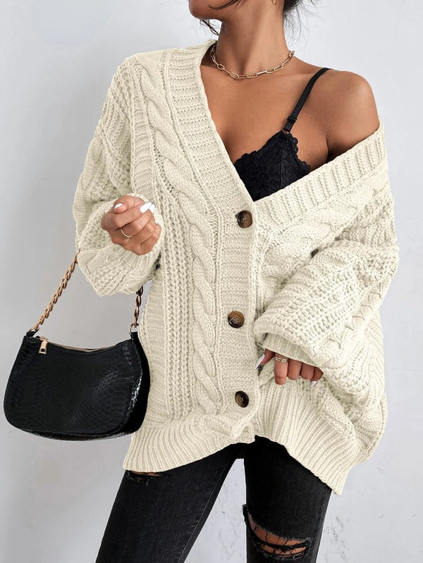 SHEIN Women's Beige Oversized Cable Knit Cardigan,Autumn Everyday Casual Button Front V Neck Bishop Sleeve Solid Plain Long Sleeve Tops oaklynwear