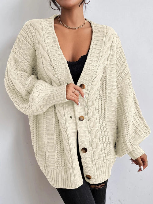 SHEIN Women's Beige Oversized Cable Knit Cardigan,Autumn Everyday Casual Button Front V Neck Bishop Sleeve Solid Plain Long Sleeve Tops oaklynwear
