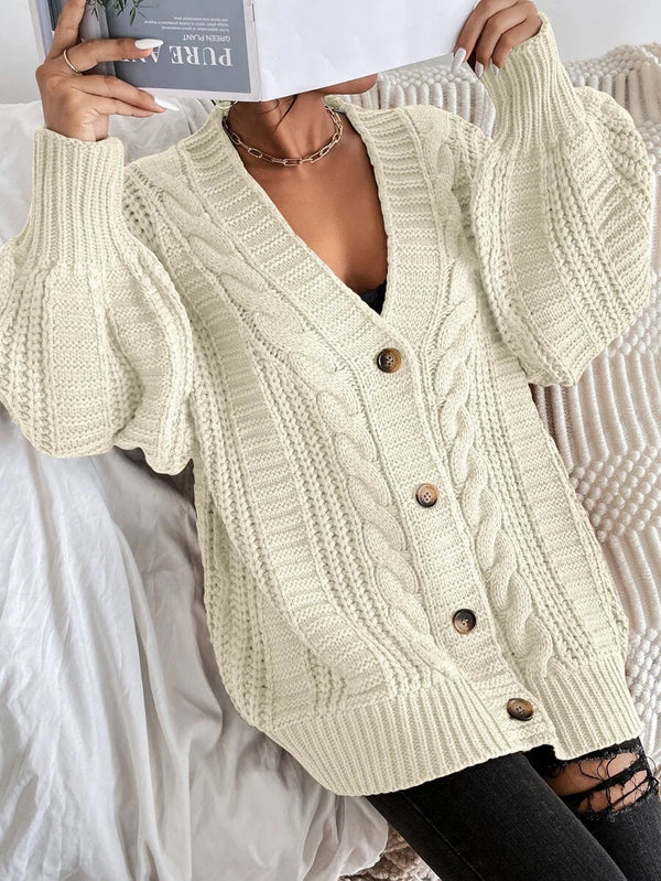 SHEIN Women's Beige Oversized Cable Knit Cardigan,Autumn Everyday Casual Button Front V Neck Bishop Sleeve Solid Plain Long Sleeve Tops oaklynwear