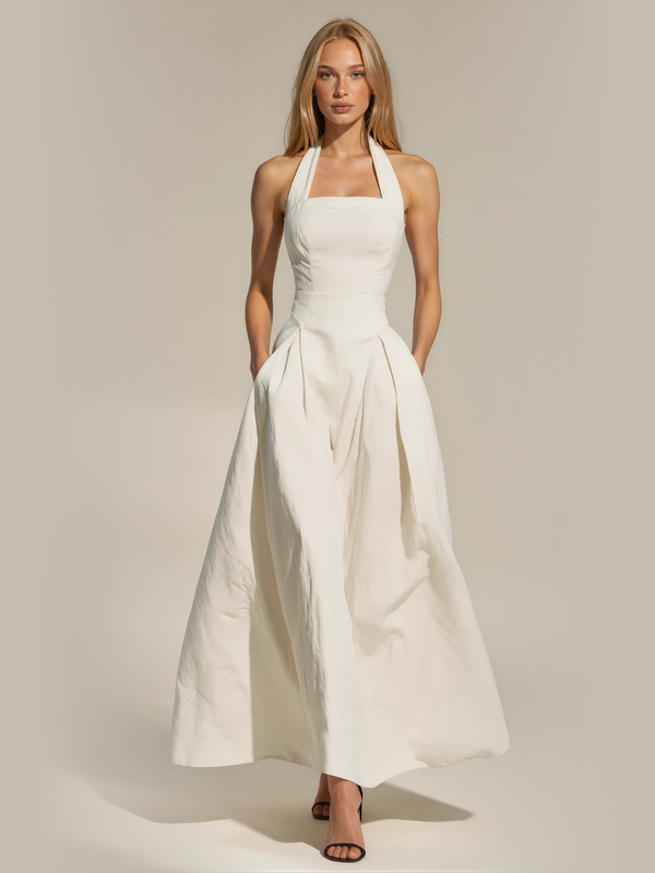 Caitlin | Halter Square Neck Pleated Maxi Dress with Pockets