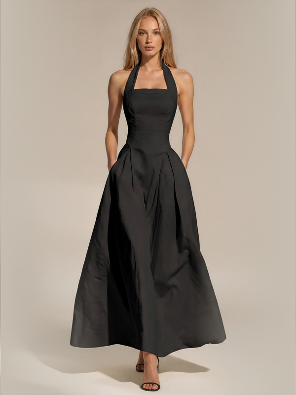 Caitlin | Halter Square Neck Pleated Maxi Dress with Pockets