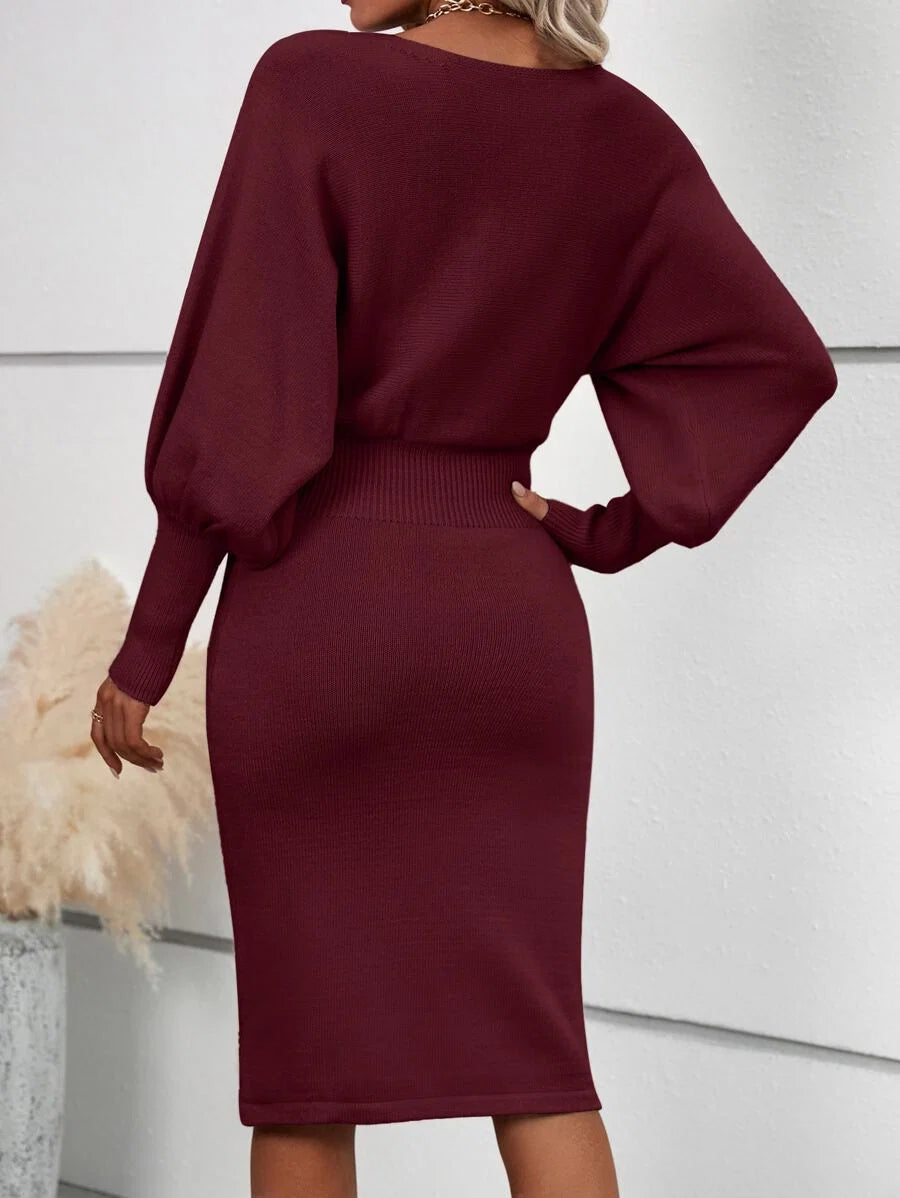 Faye Round Neck Batwing Sleeve Fitted Sweater Dress - view 2