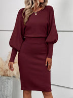 Faye Round Neck Batwing Sleeve Fitted Sweater Dress - view 5