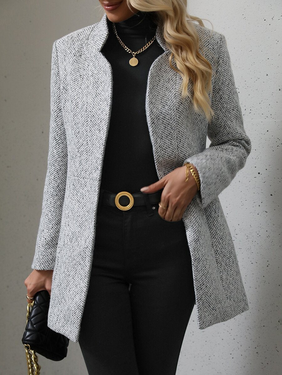 June Open Front Stand Collar Overcoat - front view