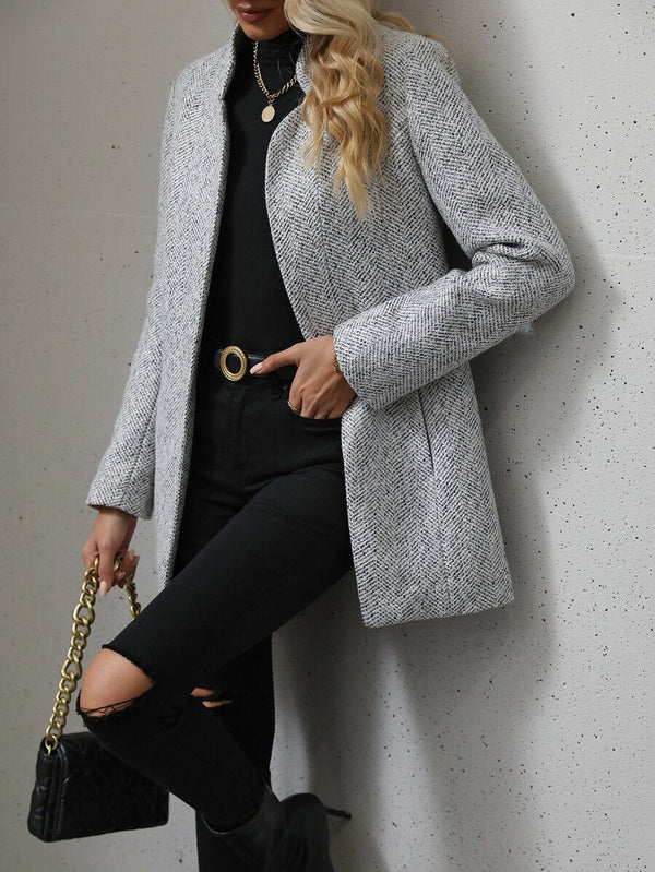 Daniela | Open Front Stand Collar Overcoat, Elegant Textured Coat oaklynwear