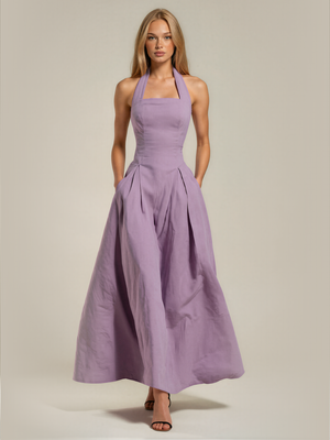Caitlin | Halter Square Neck Pleated Maxi Dress with Pockets