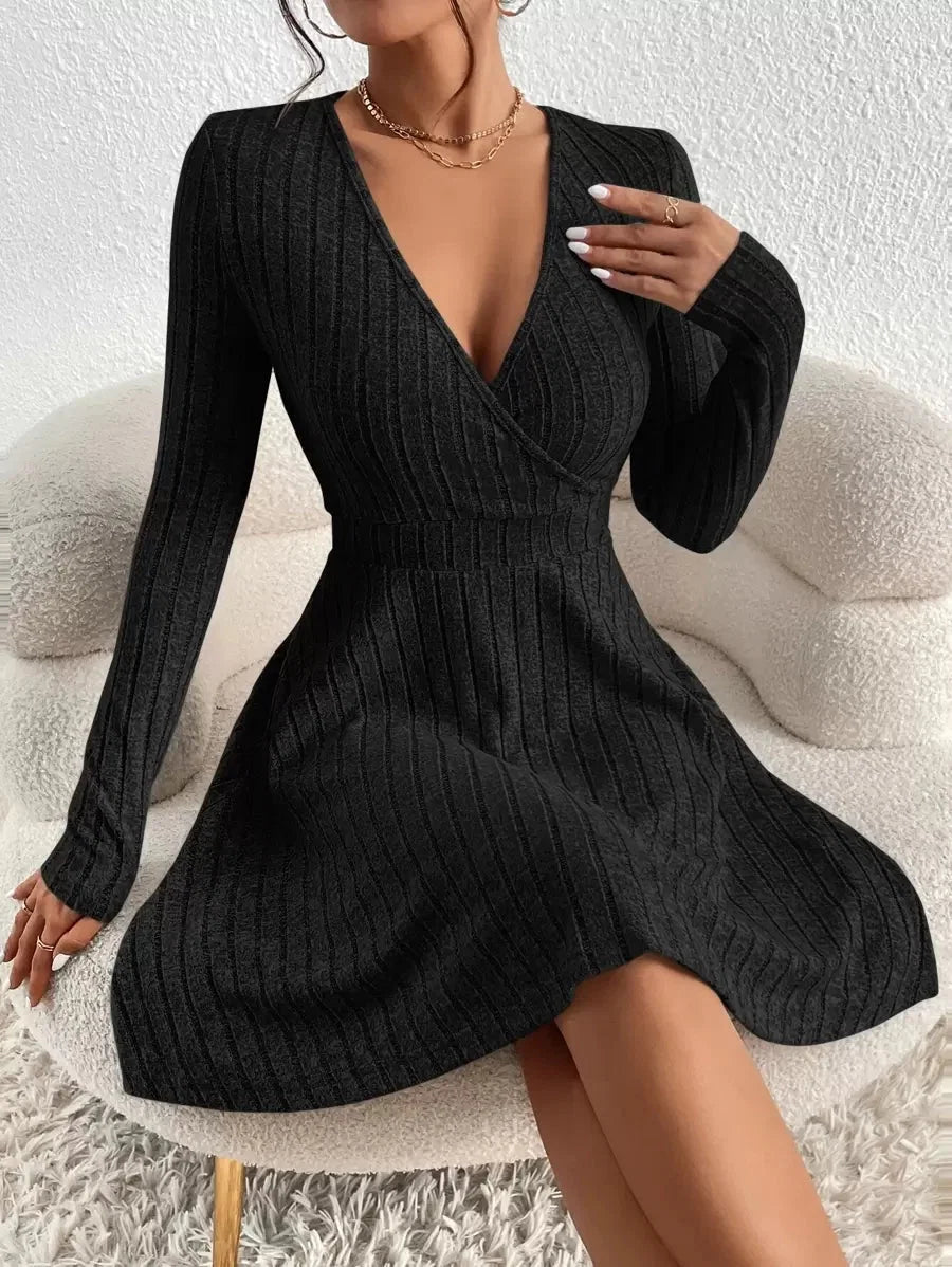 Coco Deep V-Neck Wrap Ribbed Mini Dress - front view