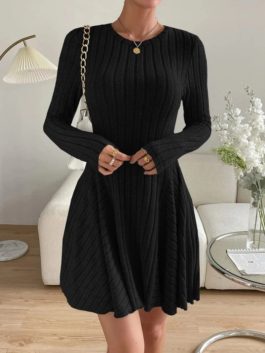 Elle Round Neck Ribbed Long Sleeve A-Line Mini Dress - front view