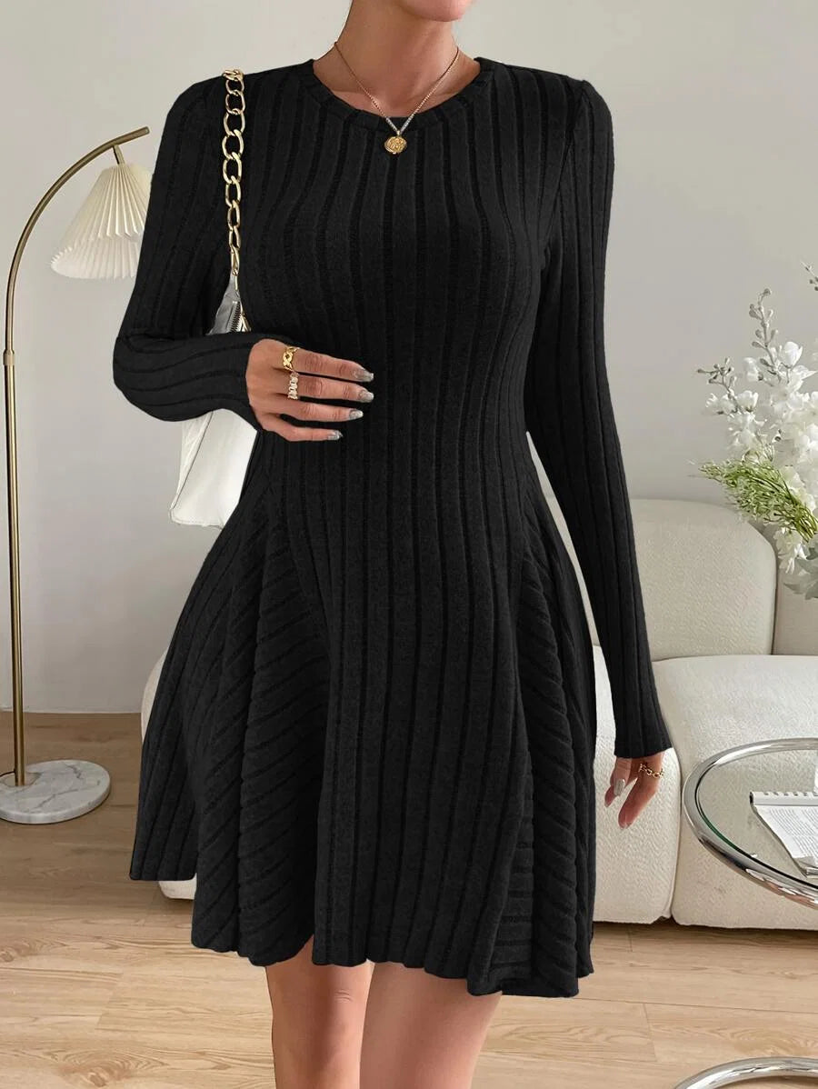 Elle Round Neck Ribbed Long Sleeve A-Line Mini Dress - view 3