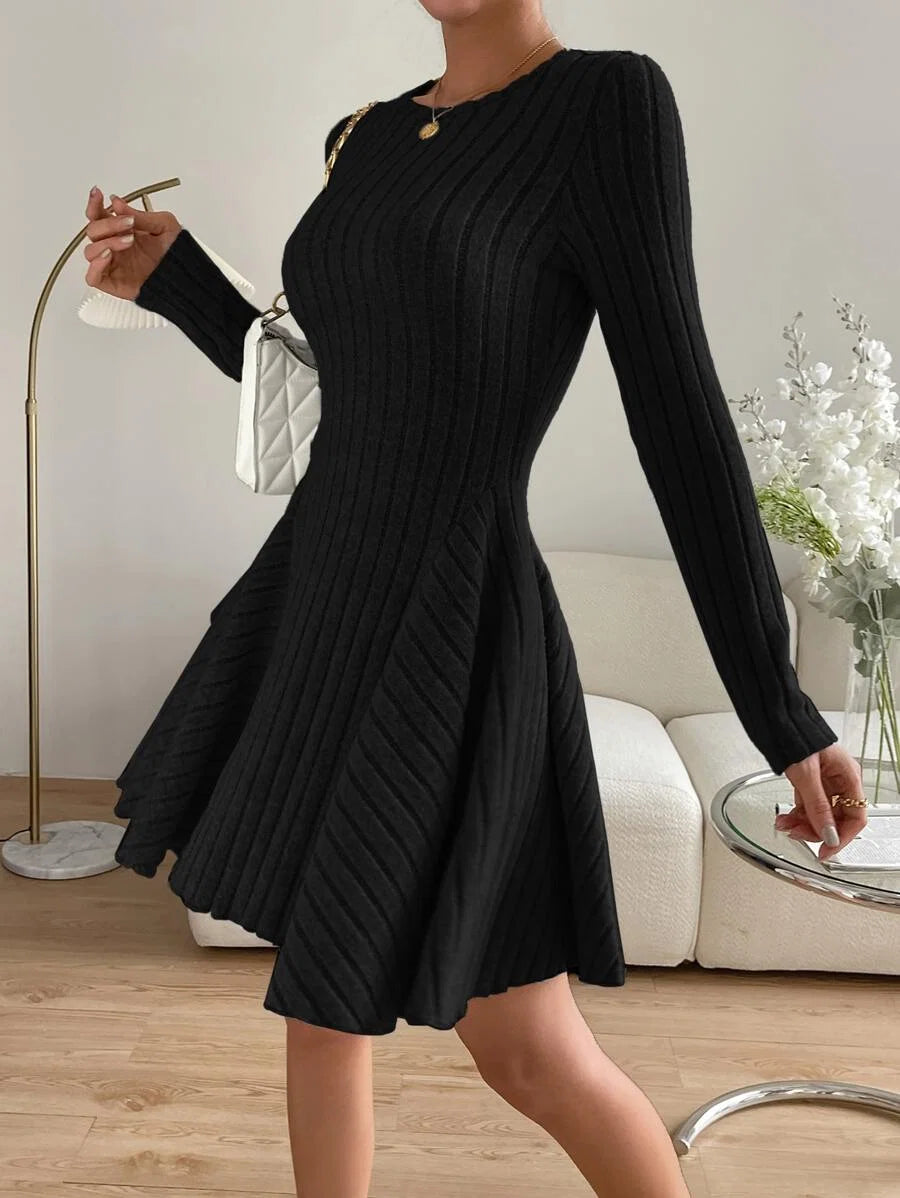 Elle Round Neck Ribbed Long Sleeve A-Line Mini Dress - view 4