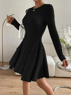 Elle Round Neck Ribbed Long Sleeve A-Line Mini Dress - view 4