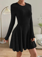 Elle Round Neck Ribbed Long Sleeve A-Line Mini Dress - view 5