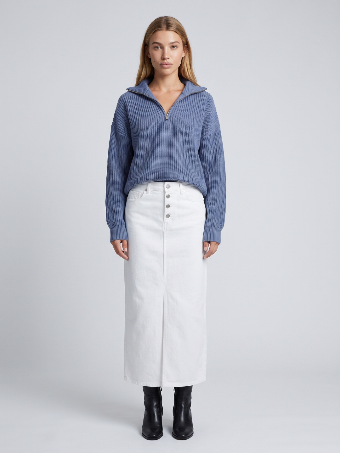 Isla Half-Zip Ribbed Knit Jumper with Funnel Collar, Cosy Winter Knit - front view