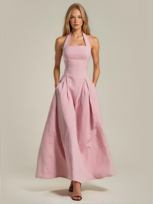 Caitlin | Halter Square Neck Pleated Maxi Dress with Pockets