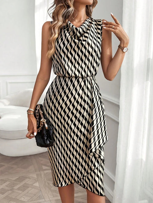 Libby | Geometric Print Cowl Neck Asymmetric Hem Dress
