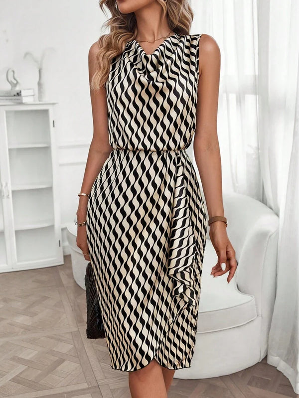 Libby | Geometric Print Cowl Neck Asymmetric Hem Dress