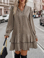 Bex Tie-Neck Flare Sleeve Ruffle Hem Smock Dress - front view