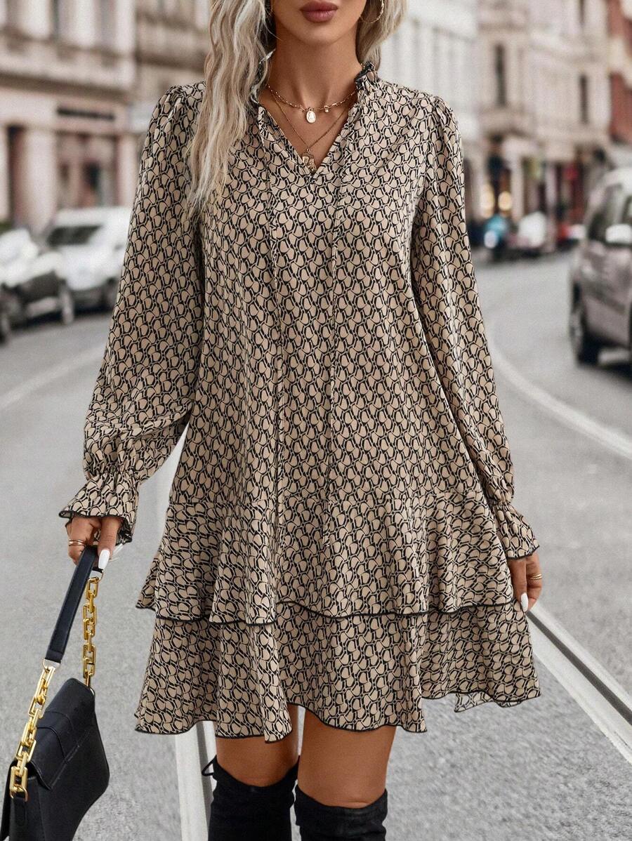 Bex Tie-Neck Flare Sleeve Ruffle Hem Smock Dress - front view