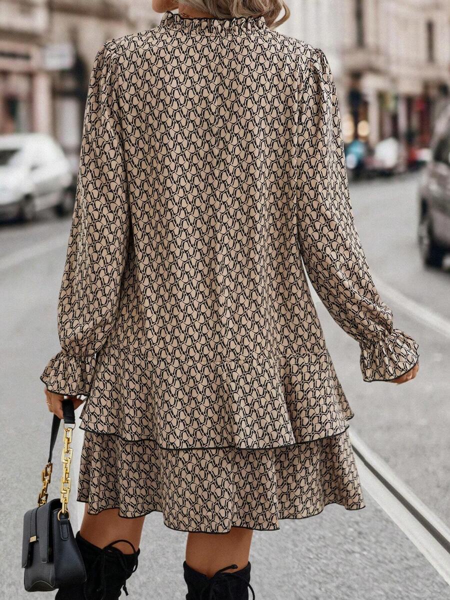 Bex Tie-Neck Flare Sleeve Ruffle Hem Smock Dress - view 2