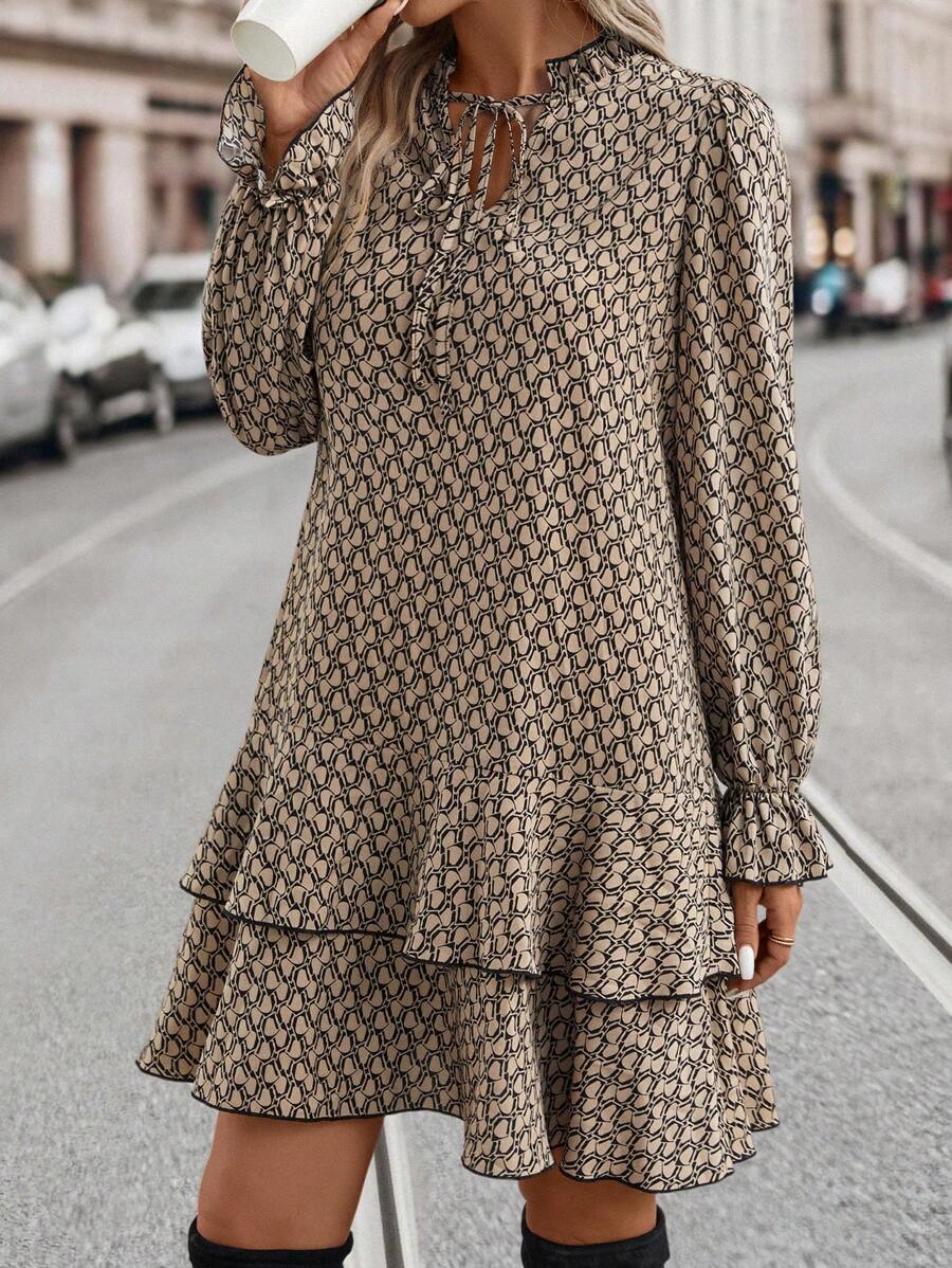 Bex Tie-Neck Flare Sleeve Ruffle Hem Smock Dress - view 5
